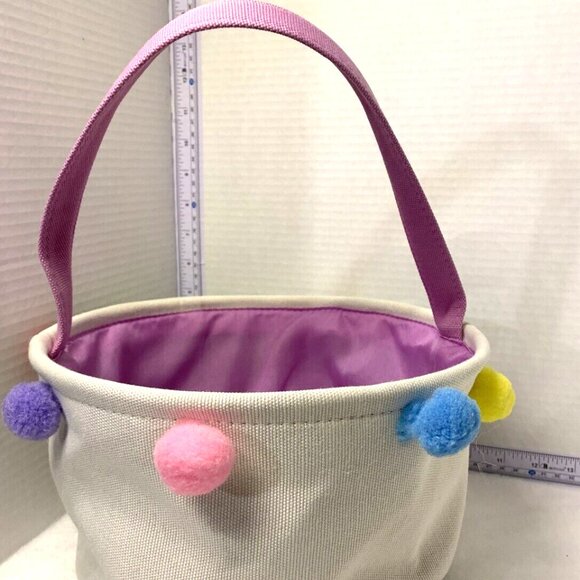 Beige Canvas Easter Basket with Multicolor Pom Poms Lavendar Lining - Picture 2 of 5